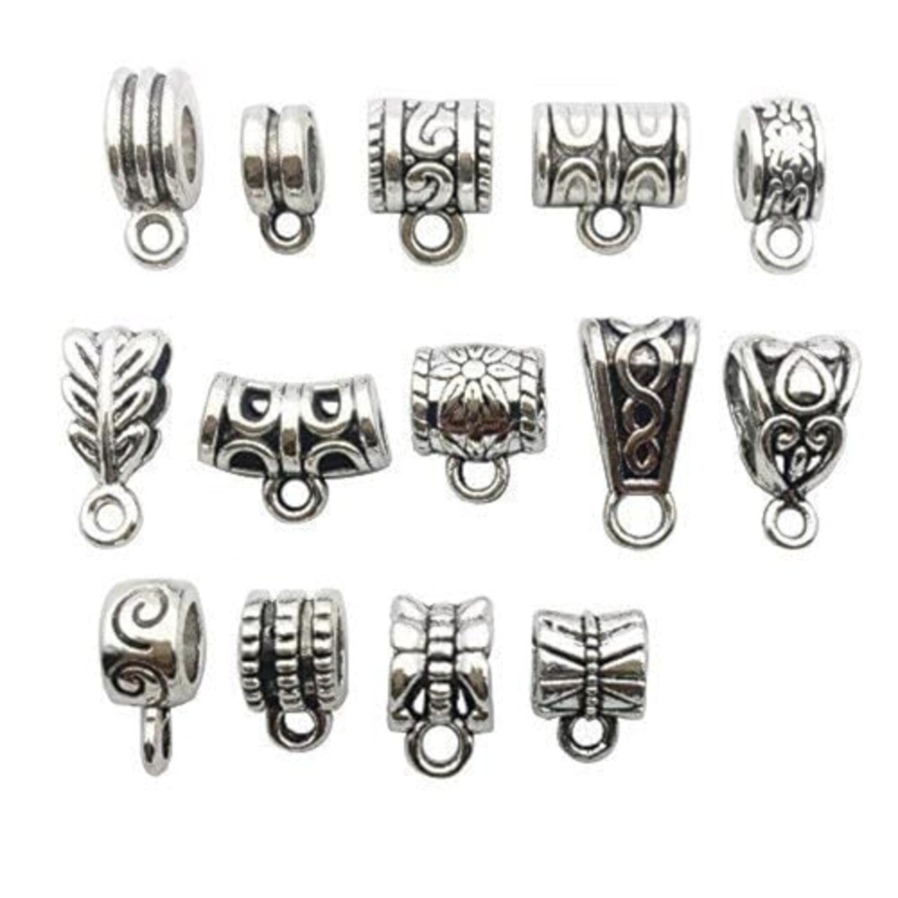 125 Pieces Mixed Antique Tibetan Silver Bail Tube Beads,Spacer Bead,Bail Beads,Bead Hanger Fit Charm European Bracelet Pendant (M079)